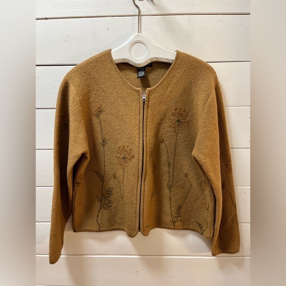 SIGNATURE SPORTS Camel Wool Zip Cardigan Floral Motif Size L - Picture 2 of 10